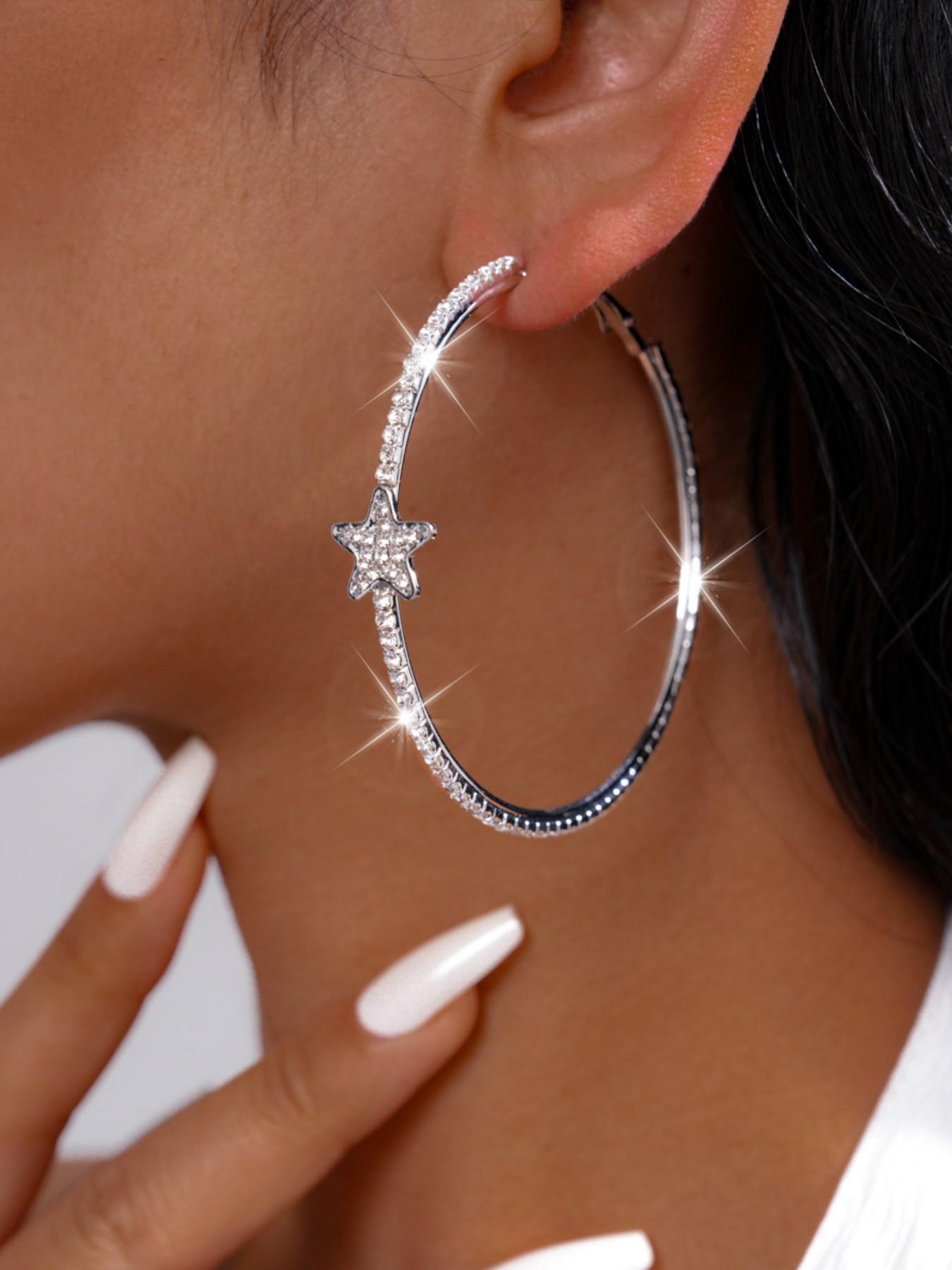 Silver Color Rhinestone Star Round Earrings for Women, Fashion Jewelry, Perfect Gift for Her, Elegant and Stylish Accessories