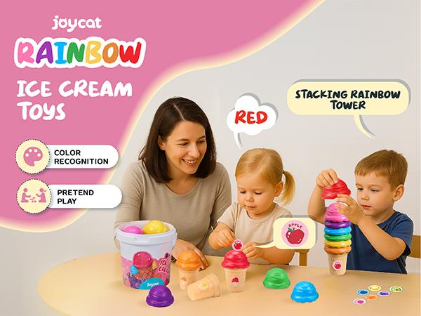 JoyCat Ice Cream Preschool Learning Activities Counting and Color Sorting Set Stacking Toys, Montessori Stacking Fine Motor Skills Toys