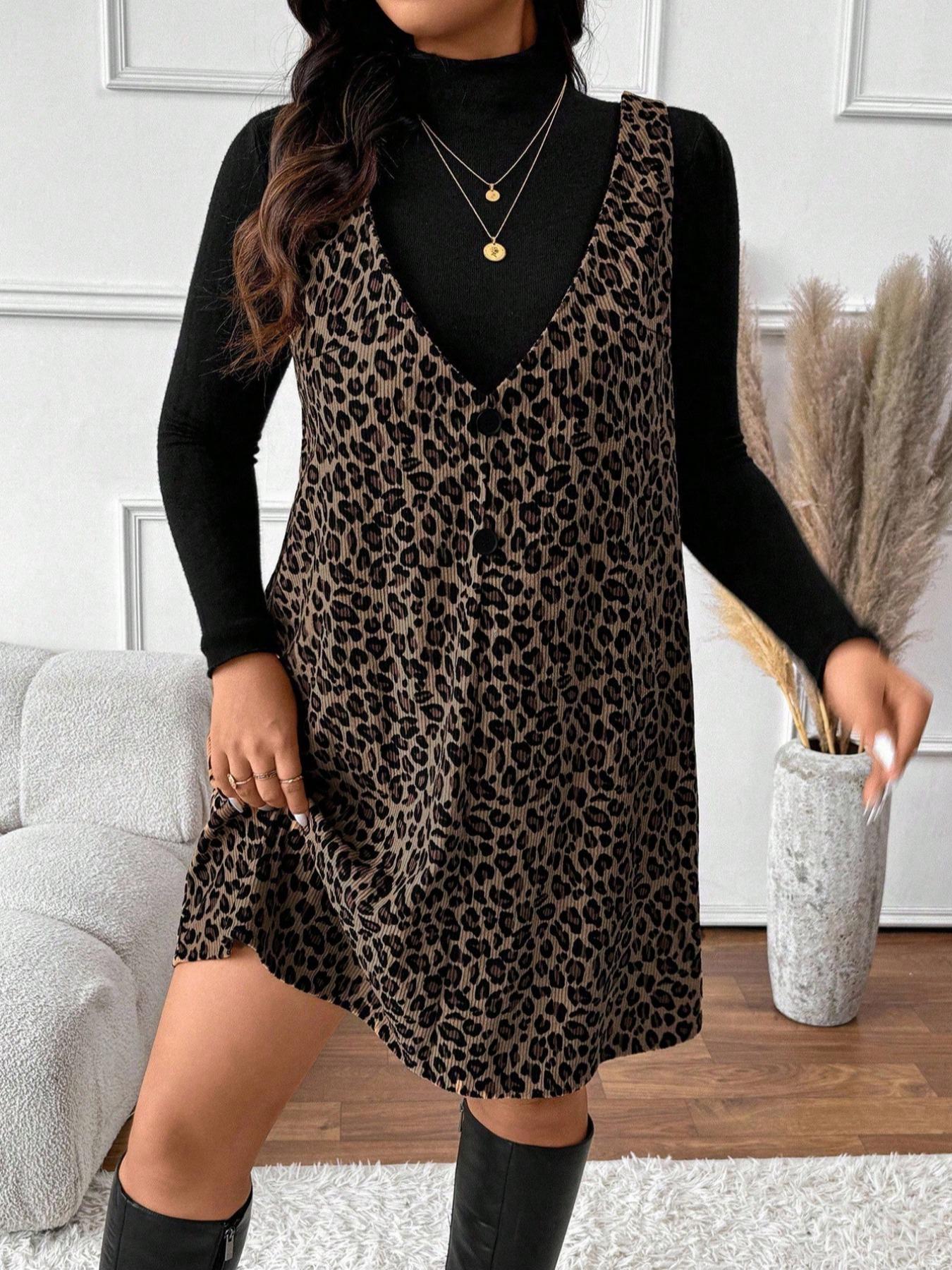 Women's Vintage Leopard Print Dress & Plain Top Two-Piece Set, Autumn Winter Outfit for Shopping & Dates
