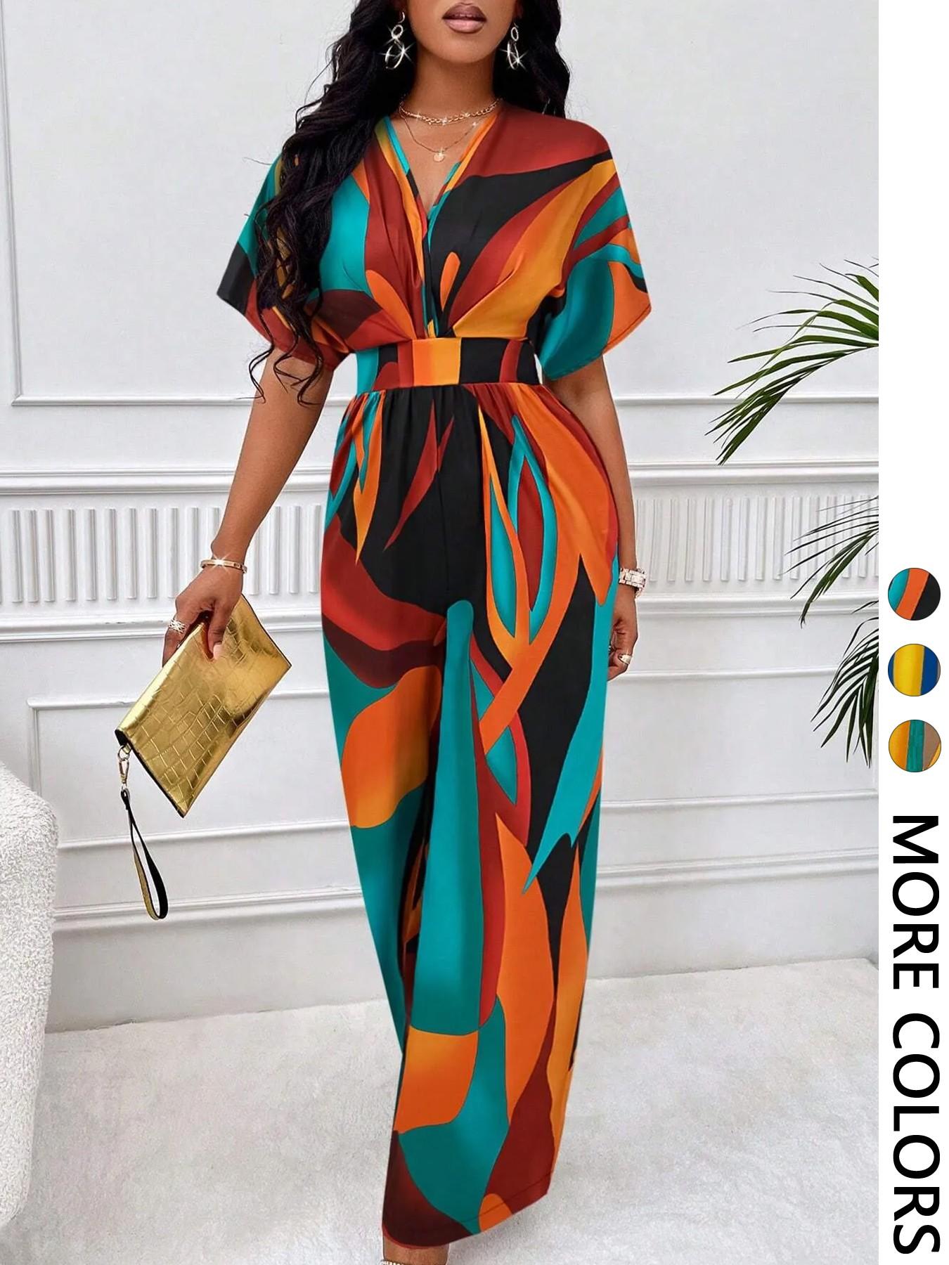 Women's Batwing Sleeve Waist Cinched Jumpsuit V Neck Colorblock Print Wide Leg Non-Elastic Casual Vacation Wear, Summer Fashion Smooth Fabric