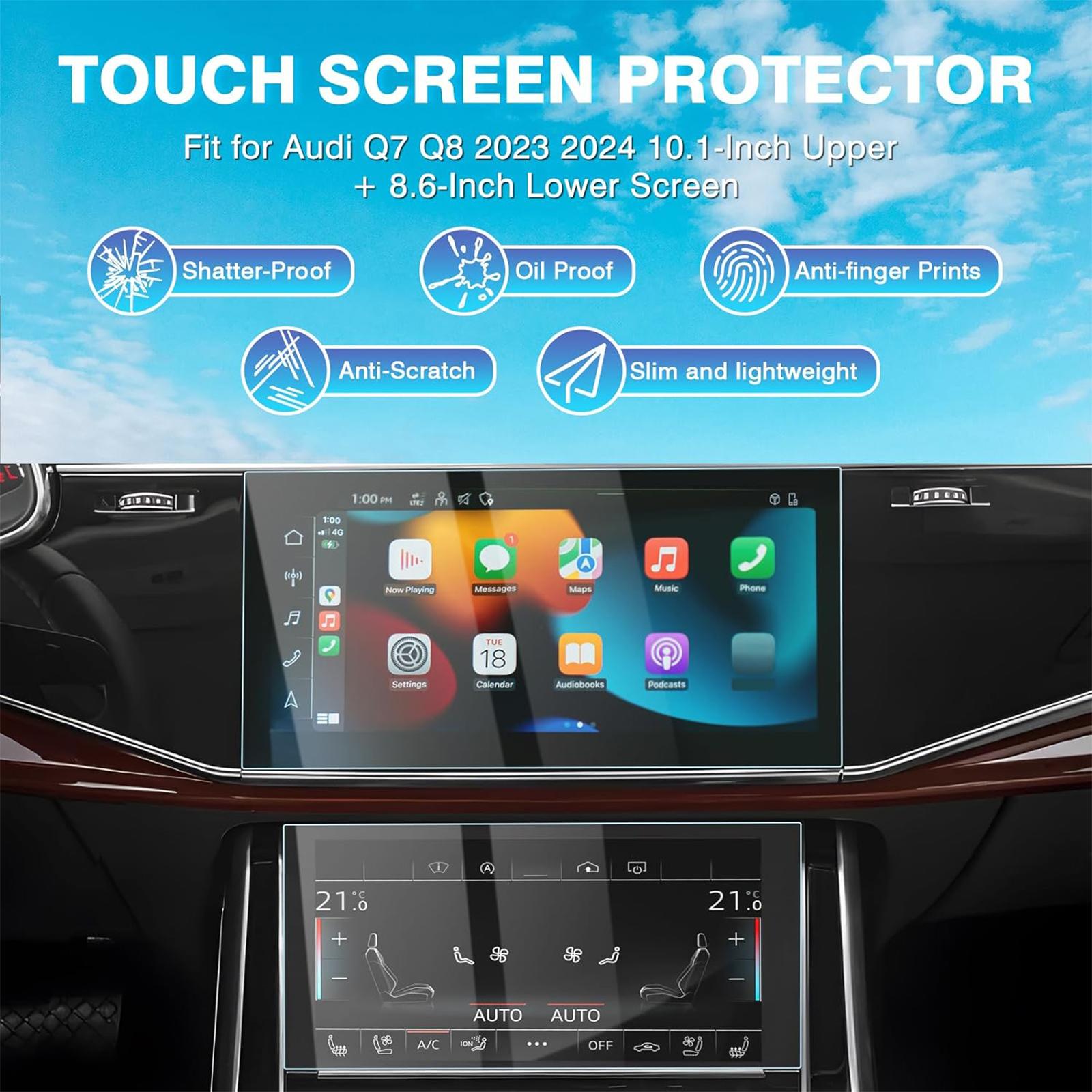 Canvcle 2 Pack Screen Protector for 2020-2025 Audi Q7 Q8 10.1-Inch Upper + 8.6-Inch Lower Screen, 9H Tempered Glass Screen Protector for Audi Q7 Accessories, Car Radio Screen Cover Anti Fingerprint Durable Protection