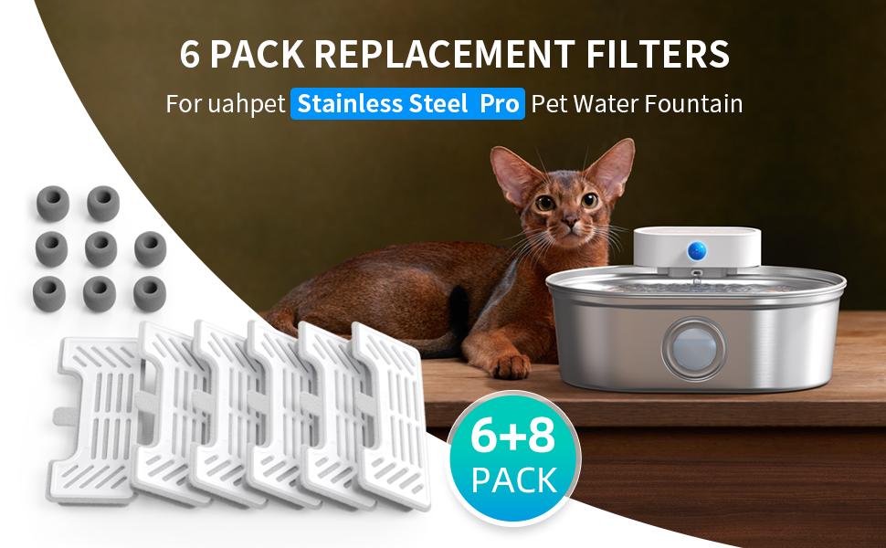 Upgrade Uahpet 6 Pack Replacement Filters & 8 Pack Replacement Filter Sponges, Compatible with Uahpet Stainless Steel Pet Fountain PRO version