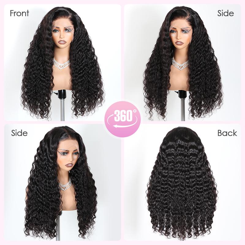 Pizazz Hair Hidden Strap 360 Lace Front Wigs Human Hair Pre Plucked Pre Bleached Knots 220 Density Water Wave HD Lace Frontal Wig with Drawstring Curly Full Lace Front Wigs for Women