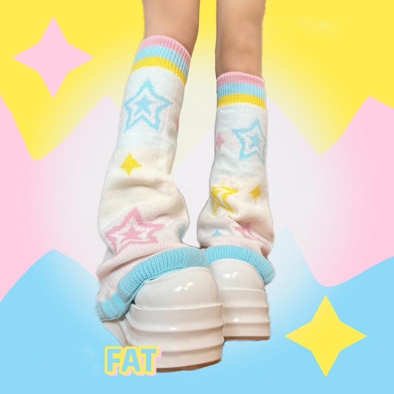 Women Girls Candy Color Rainbow Flared Leg Warmers Sweet Star Pattern Aesthetic Knitted Footless Covers Socks for Adults Teens