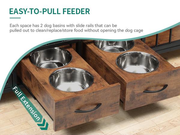 DWVO 91.3" Double Large Dog Crate Furniture with Dog Feeder, Large Dog Kennel Indoor with Drawers, Heavy Duty Wooden Dog Crate with 2 Room Divider for 2 Medium Large Dogs