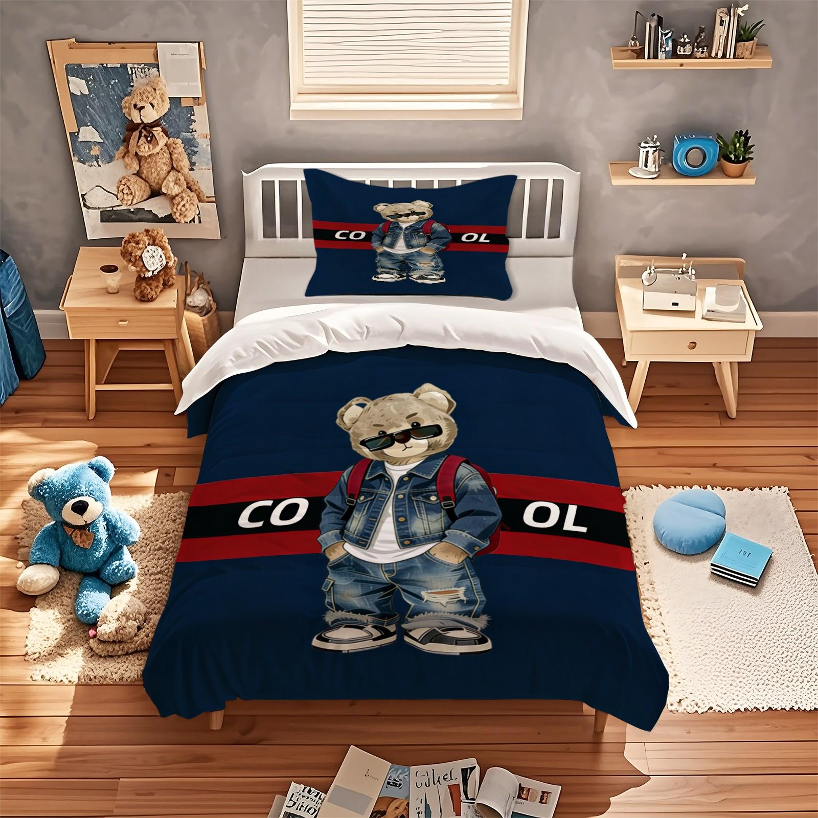 Trendy Bear Print Quilt Cover Set, includes 1 quilt cover and 1 or 2 pillowcases, does not include quilt or pillow inserts, suitable for bedroom or dormitory bedding sets, ideal for gifting or personal use