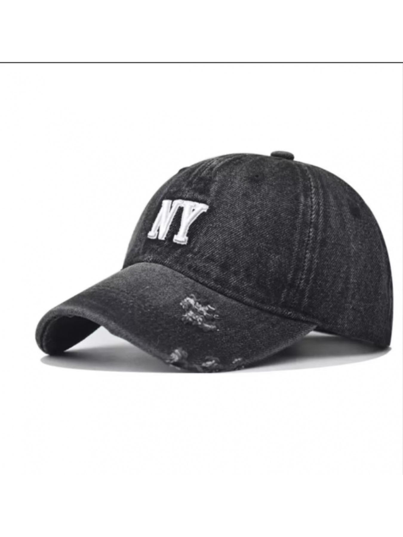 Washed vintage denim baseball cap with NY letter embroidery, versatile unisex peaked hat for all seasons