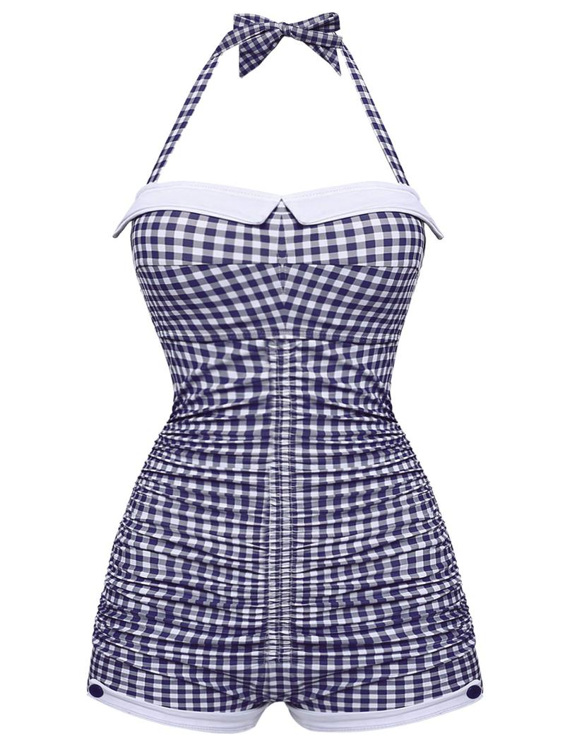 GINGHAM 1950S HALTER BOWKNOT ONE-PIECE WOMENSWEAR SWIMSUIT Swimoutfit Swimmingsuits