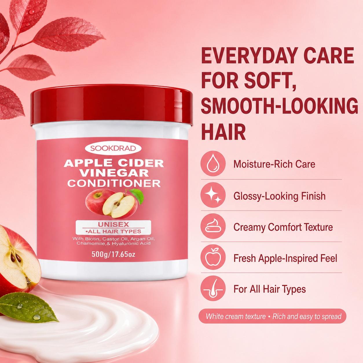 Apple Cider Vinegar Nutritive Conditioner, With Biotin, Castor Oil, Argan Oil, Chamomile, Hyaluronic Acid, Suitable For All Hair Types, Unisex, Daily Hair Care, Conditioning Hydrate Shine, 500g