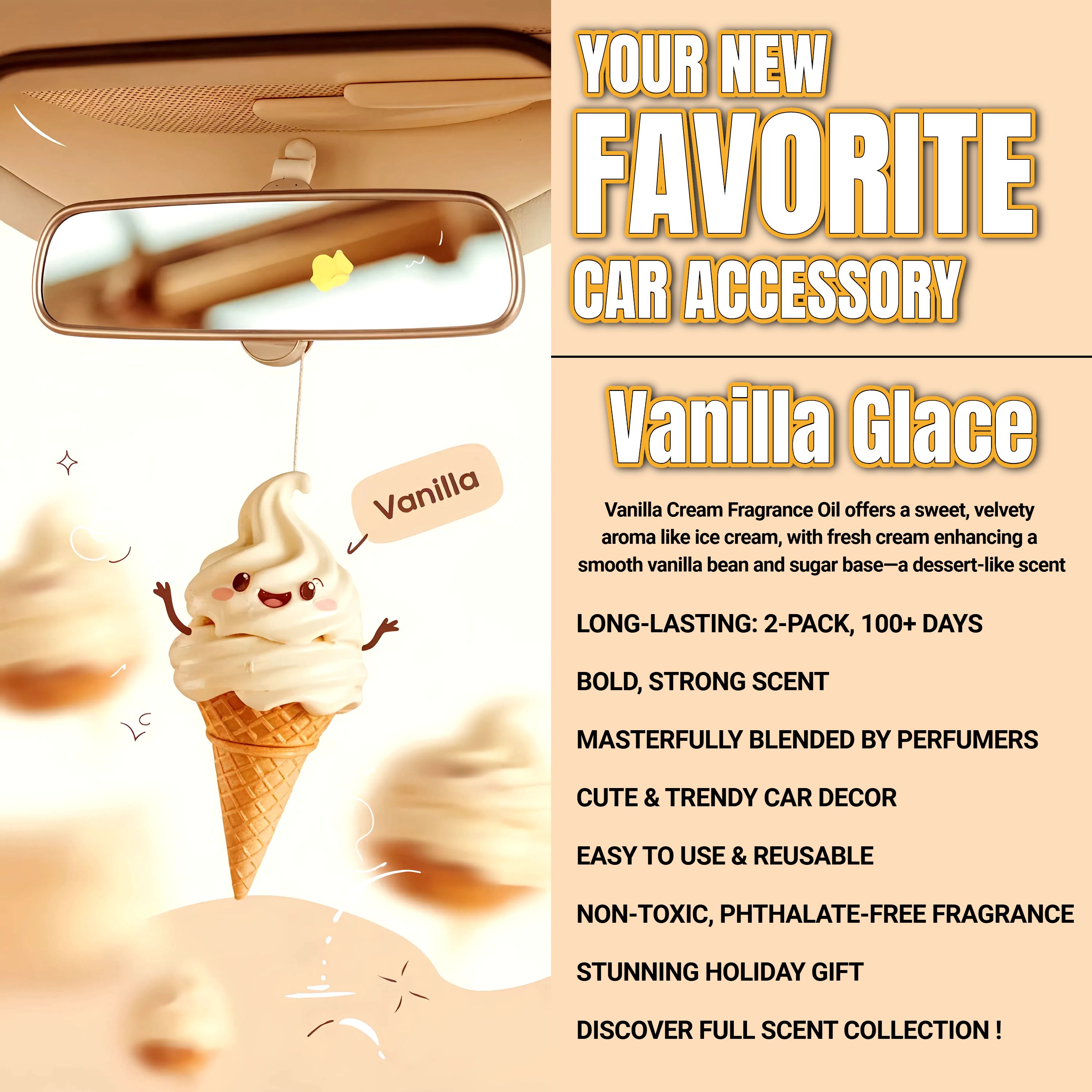 Vanilla Hanging Car Air Freshener – Long Lasting Essential Oil Diffuser for Car, Closet, Bathroom – 2-Pack Natural Scent Deodorizer