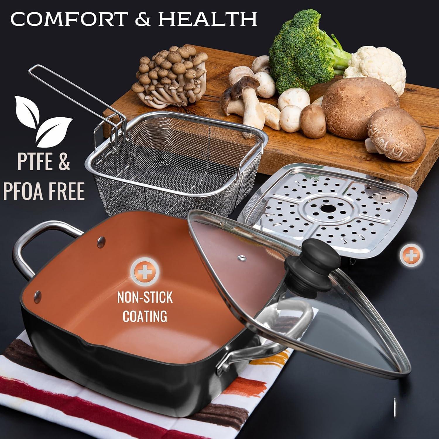 5 count Black Copper Chef Cookware Non Stick Deep Frying Pan, Fry Basket, Steamer Rack, Dishwasher  Oven Safe, 5 Qt Deep Square Pan, Induction Copper Cookware Set - 9.5" x 3.5"