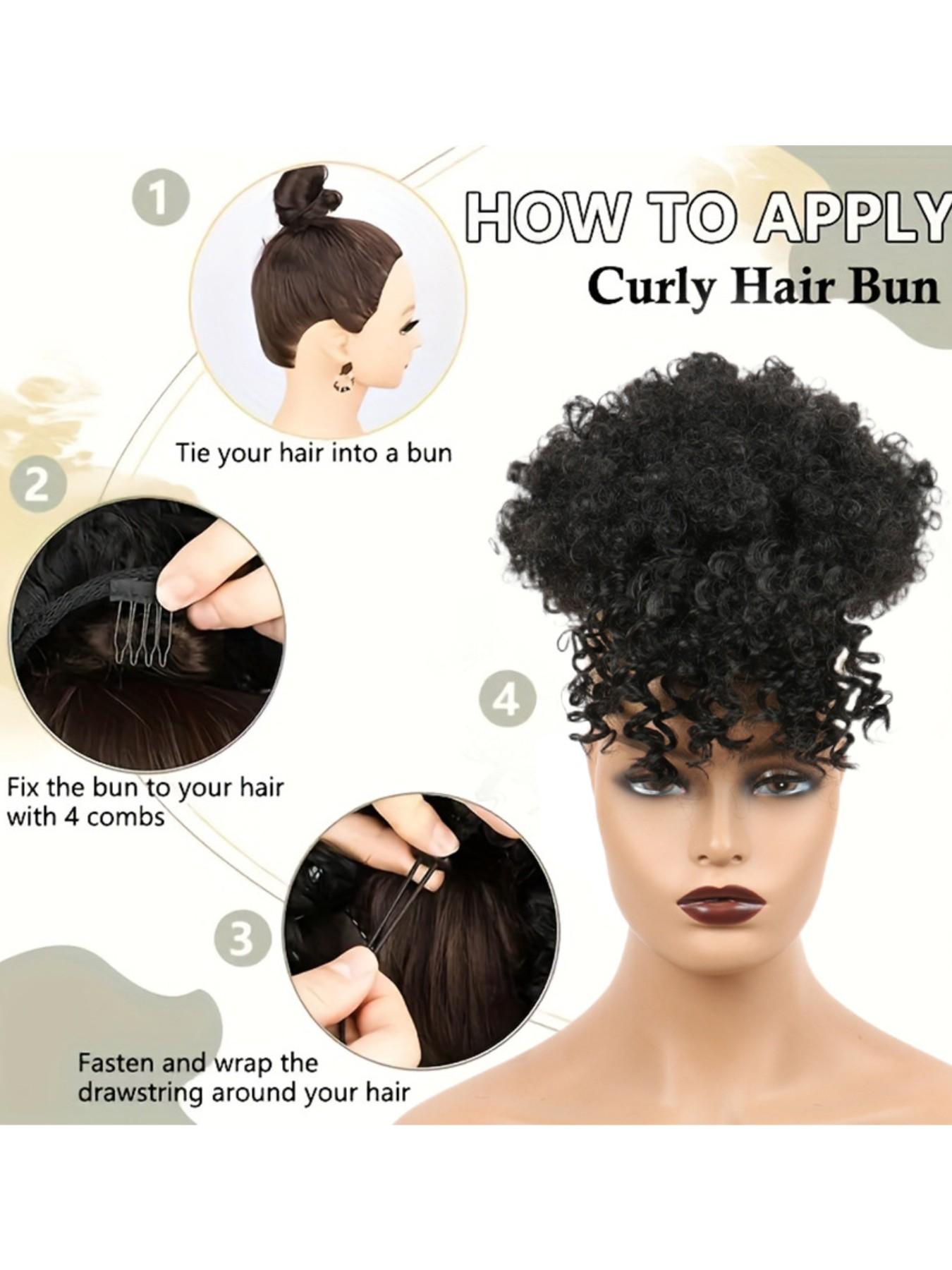 Women Drawstring Hair Bag, African Loose Curl Ponytail Extension, Bangs Flower Braid Style, High Crown Heat Resistant Fiber Wig Piece