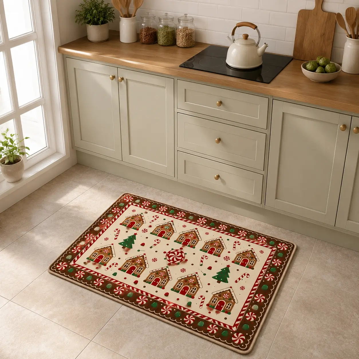 Christmas Gingerbread House Pattern Rug Plush Faux Wool High-Definition Print Machine Washable Non-Slip Living Room Bedroom Floor Mat