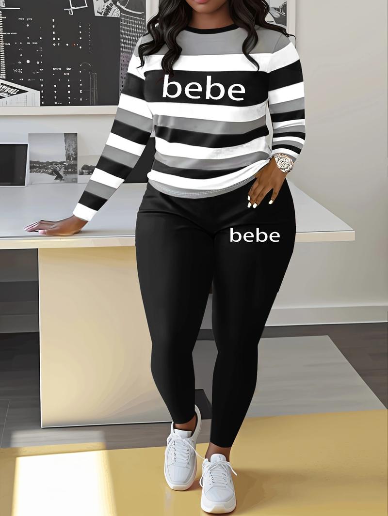 Women's Striped 'Bebe' Letter Print Round Neck Long Sleeve Top and Pants Set, Comfortable Casual Two-Piece Striped Lounge Set, Casual Fashion Set for Autumn and Winter