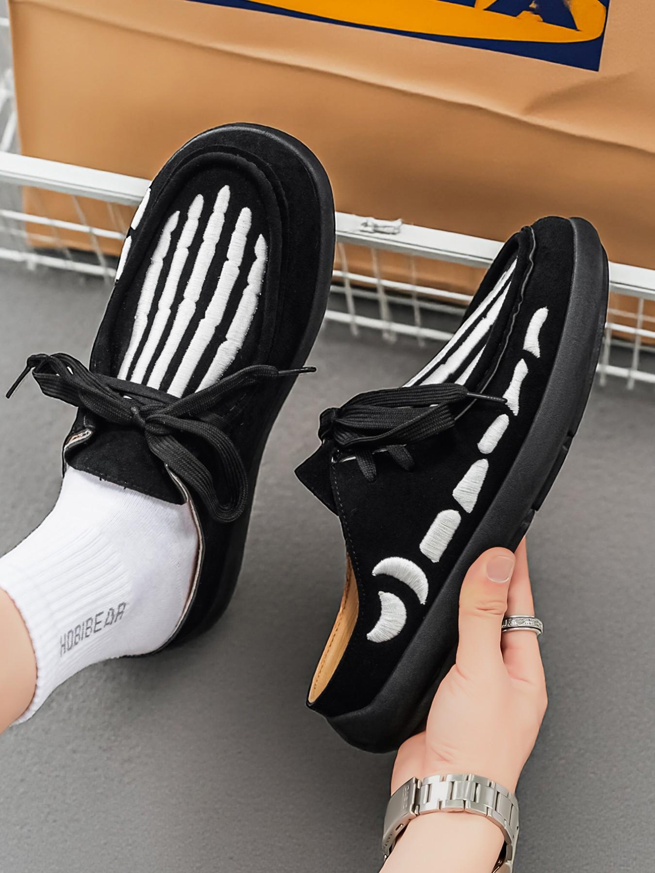 Men's Skull Print Slip-On Mules, Gothic Casual Half Sandals, All Season Lightweight Shoes, Sizes 39-46, Dark Academia Style