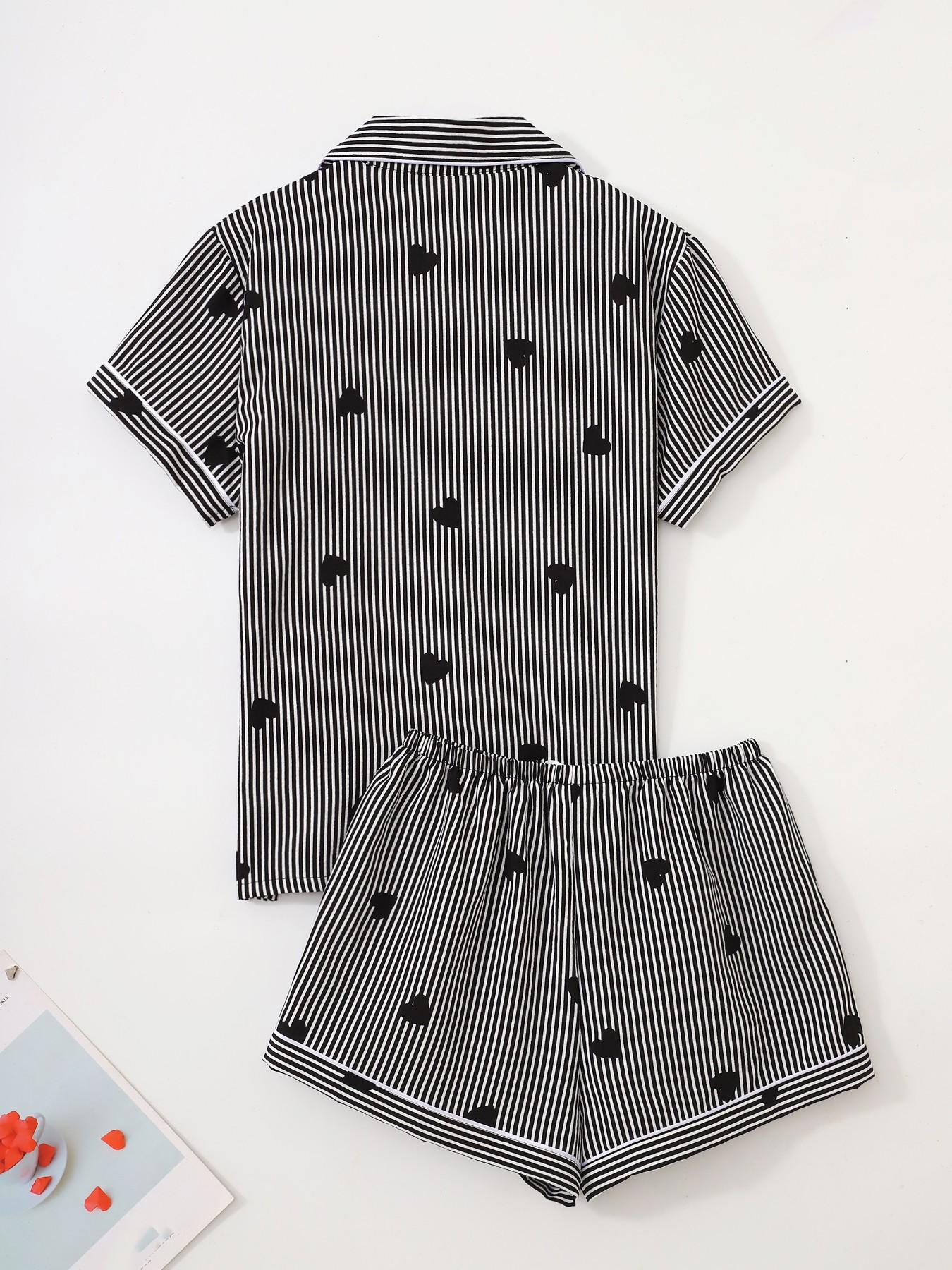 Women's Short Sleeve Button Down Top and Shorts Pajama Set, Spring Summer Wear, For Minimalist Black & White Lovers, Black White Stripe With Black Heart Accent, Classic Lapel Collar, Slim Fit, Comfortable For Home & Short Commutes