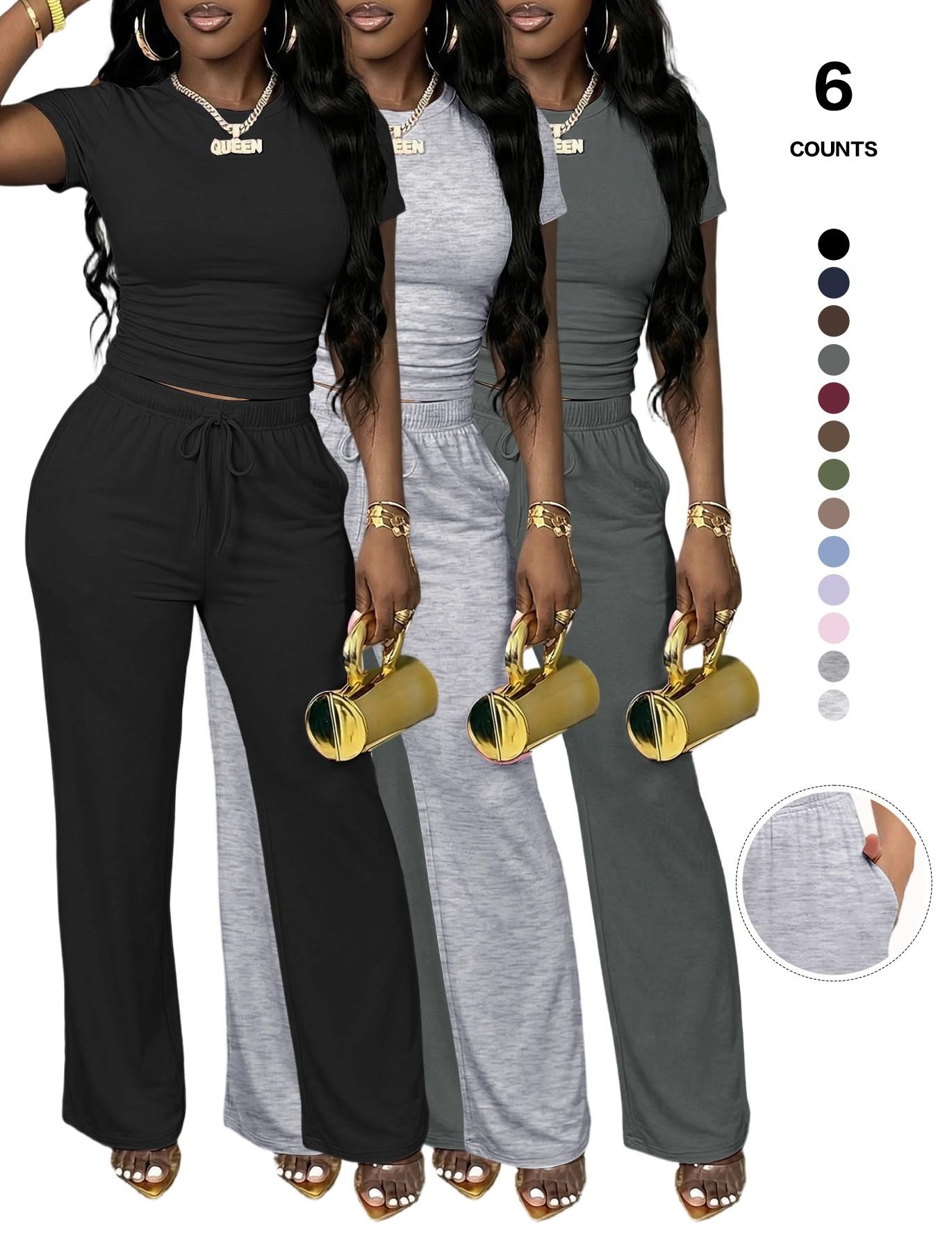 Women's Spring Summer Casual Set, Round Neck Short Sleeve Top & Wide Leg Pants, Slim Fit Home Wear, 2 Piece Comfortable, Casual Fashion Set