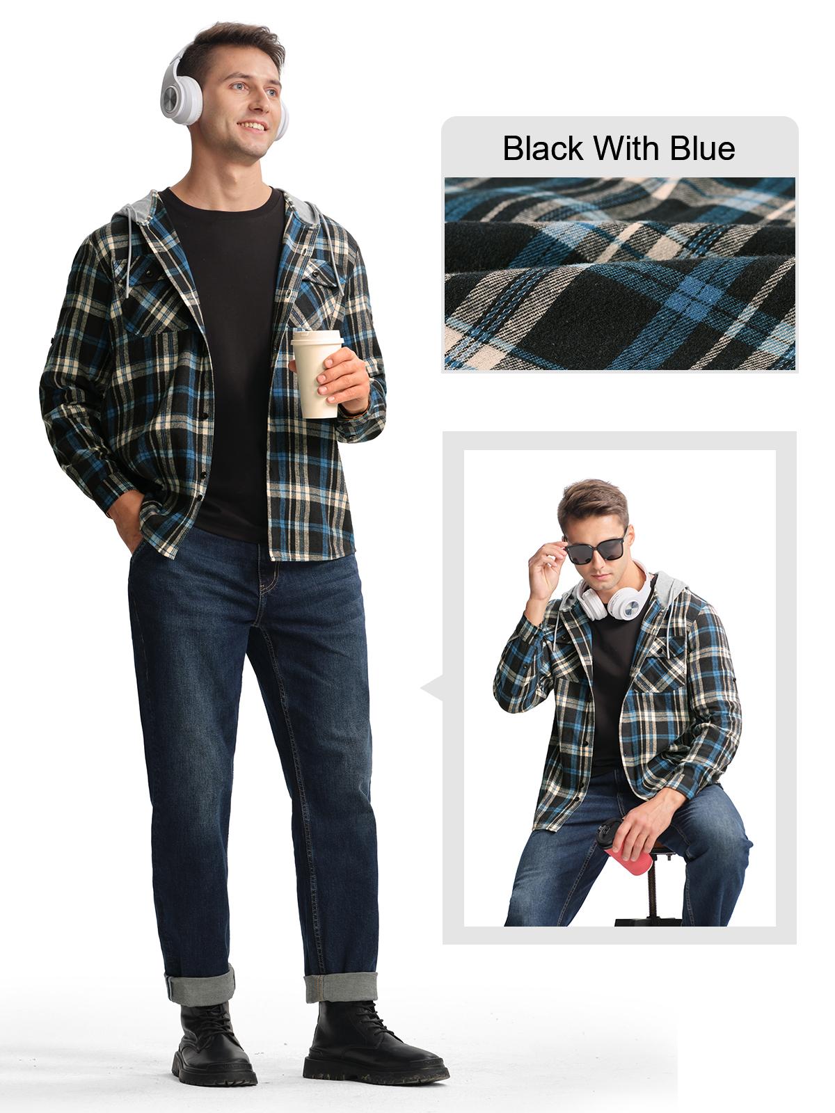 Gopune Men's Casual Flannel Plaid Button Hooded Shirts Lightweight Outdoor Jacket