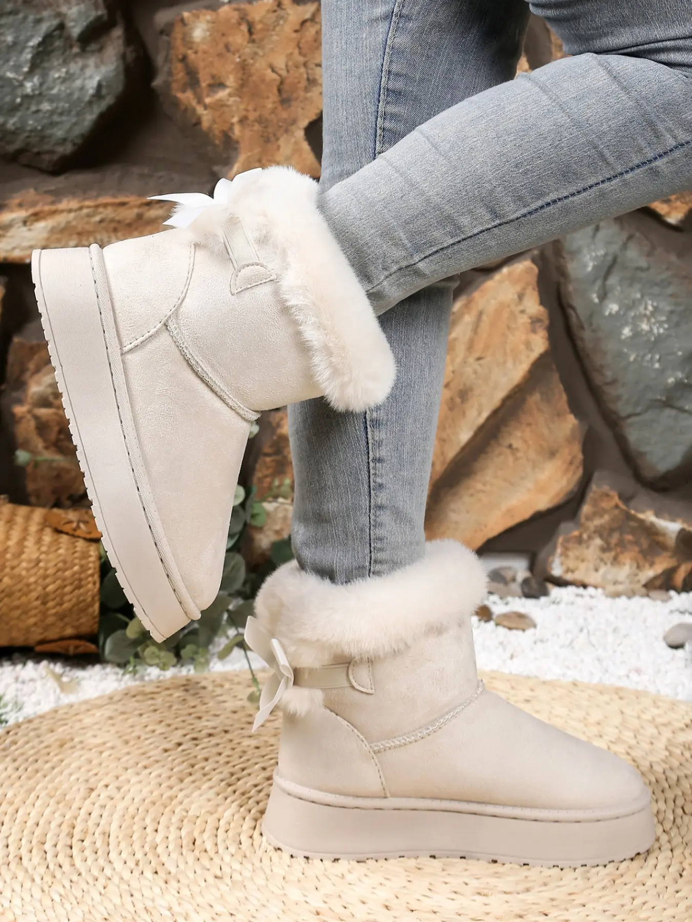 Women's Winter Velvet Finish Snow Boots, Thick Sole Short Cuff, Bow, Fleece Lined, Non-Slip, Warm Casual Shoes
