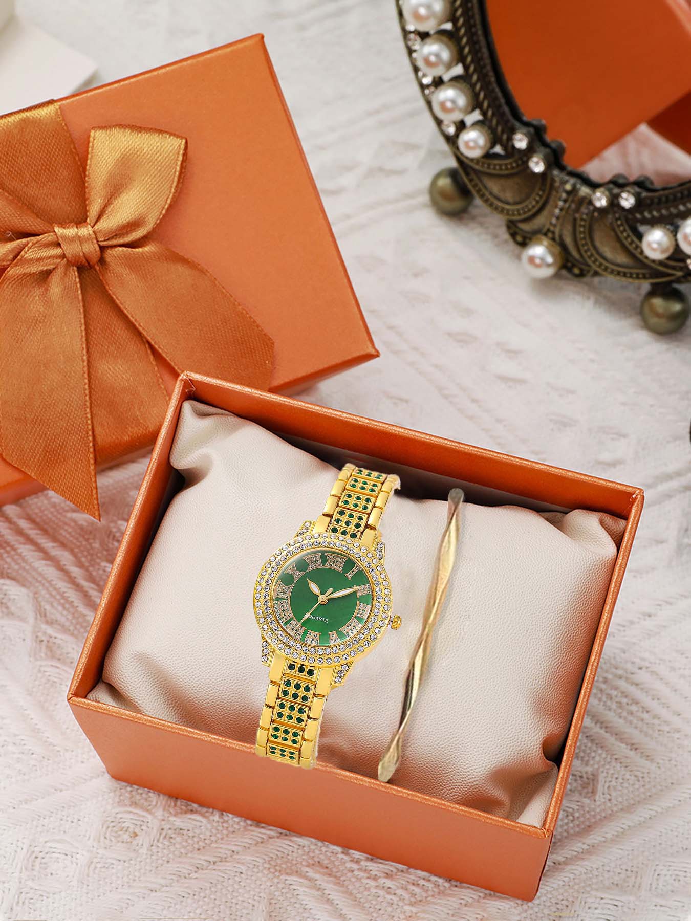 2-piece set of minimalist, fully diamond-encrusted, niche ladies' quartz watch fashion versatile bracelet watch trendy student wristwatch set