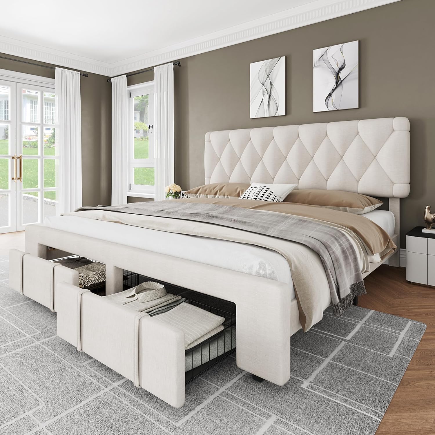 Bed Frame, Upholstered Platform Bed Frame with Storage Drawers, Mattress Foundation with Solid Wooden Slats Support, No Box Spring Needed Bed Frame, Upholstered Platform Bed Frame with Storage Drawers, Mattress Foundation with Solid Wooden Slats Support, No Box Spring Needed