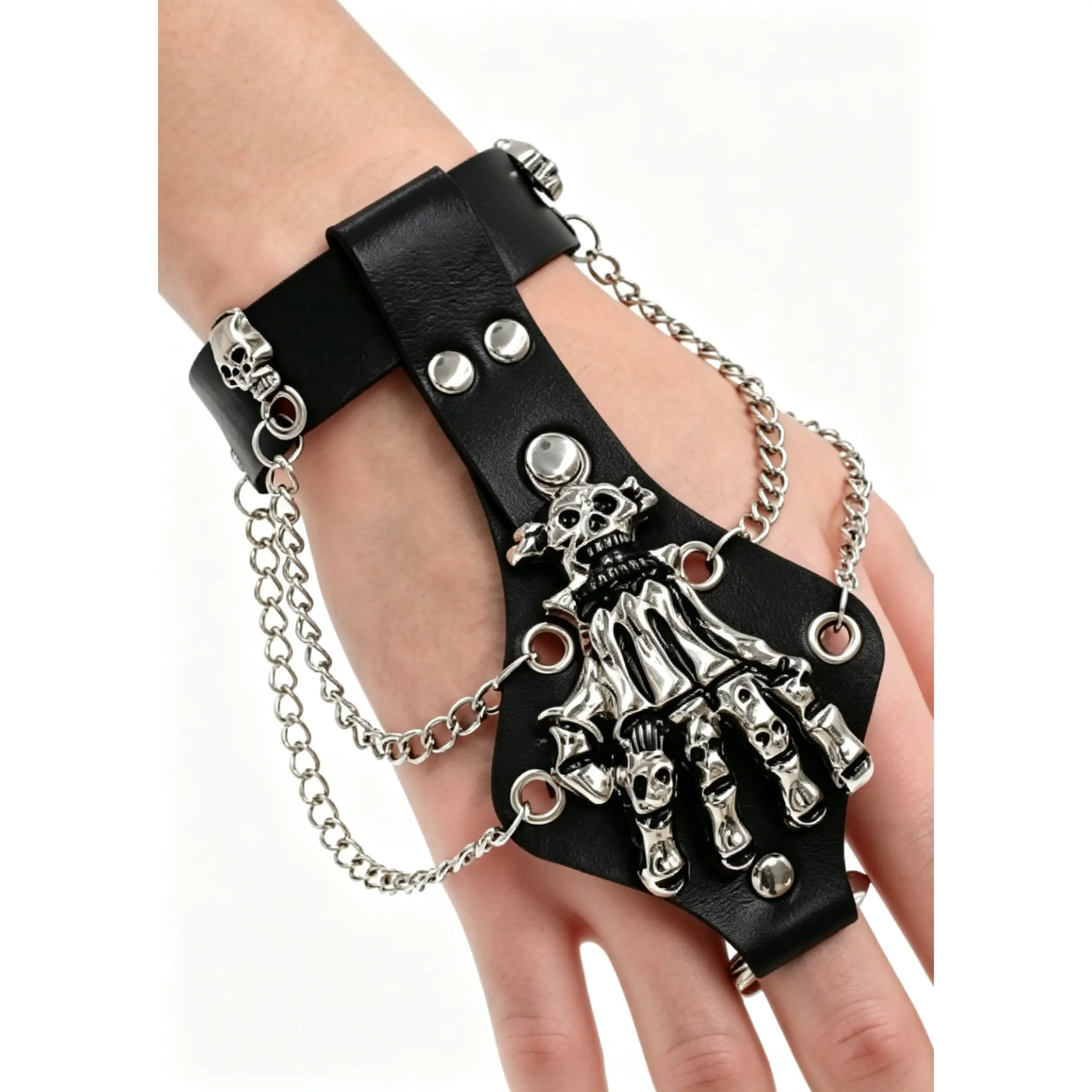 Unisex Gothic Skull Claw Bracelet, Faux Leather Punk Wristband with Vintage Ring Detail, Edgy Hip Hop Streetwear Jewelry for Men Women, Harajuku Inspired Alternative Fashion Accessory for Rock Concerts, Festivals, Parties, Cosplay and Daily Outfits