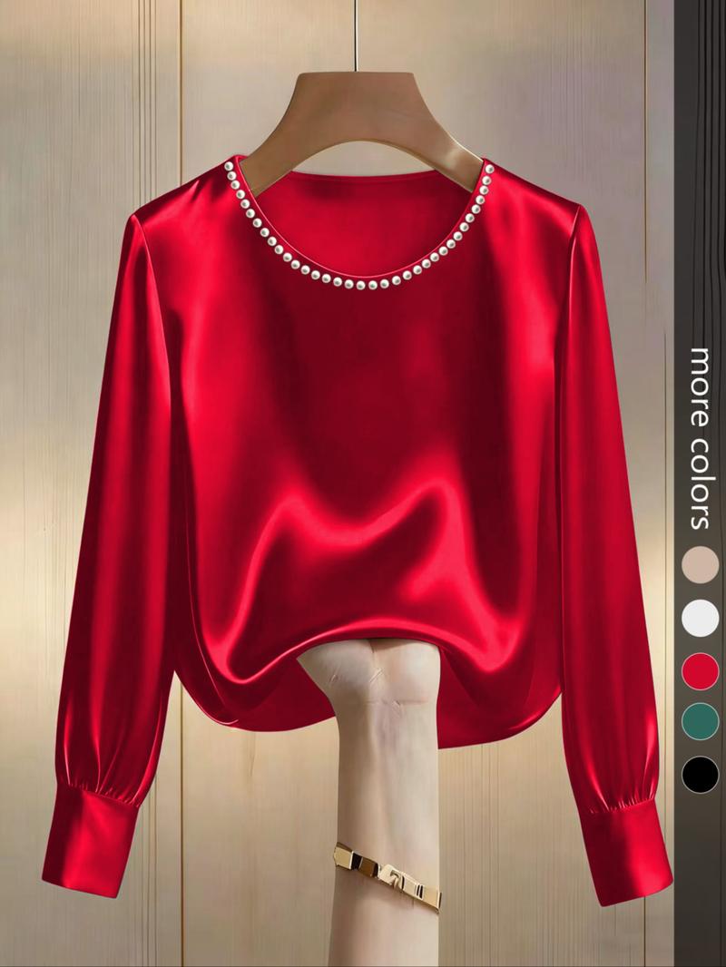 Women's Fashion Long Sleeve Top, Elegant Satin Round Neck Blouse, Suitable for Casual and Formal Office Commute