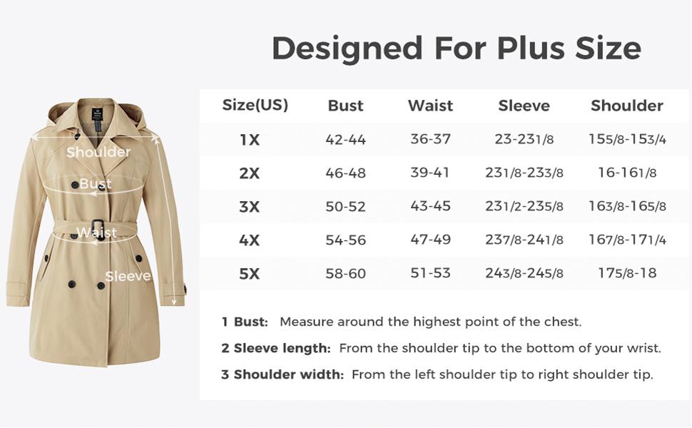 Women's Plus Size Double-Breasted Trench Coat Waterproof Classic Lapel Overcoat Stylish Pea Coat with Belt