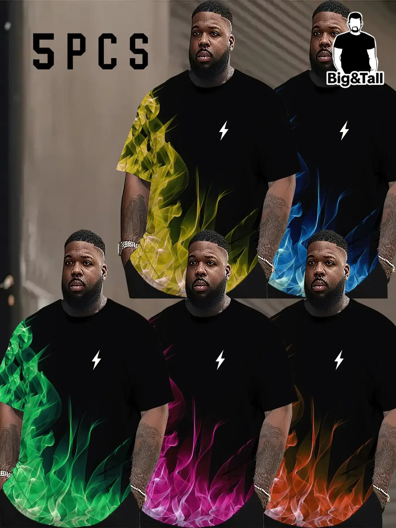 5-Pack Plus Size Men's Round Neck T-Shirts, Gradient Flame Design, Summer Loose Fit Casual Tees, Versatile, Comfortable, Breathable and Menswear, Beach Tee, Breathable Outdoor Tee