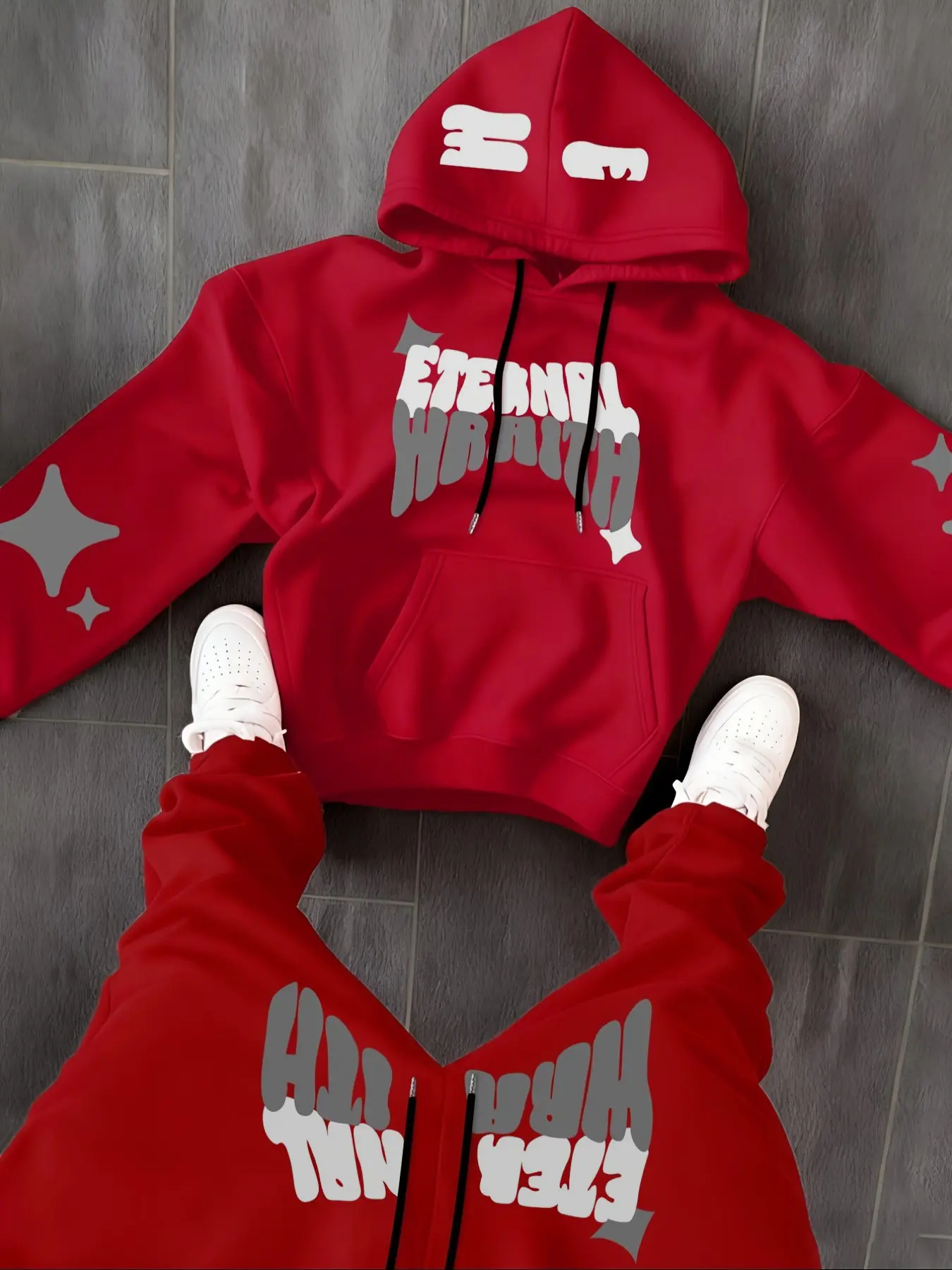 Men's Y2K Hoodie Two-Piece Set, Loose Fit Soft Fleece, Eternal Wraith Star Print Hoodie + Wide Leg Sweatpants, Casual Skate Hip Hop Style