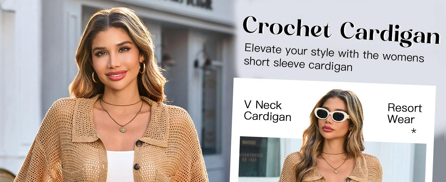 FISOEW Womens Crochet Lightweight Cardigan Sweaters Short Sleeve Summer Button Down Collared Loose Cover Up Shirts Tops Jeans