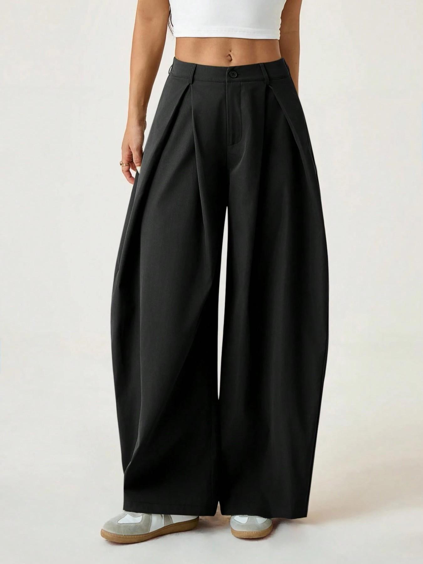 Women's Vintage Casual Street Style Loose Fit Pants, Elastic Waist Wide Leg Trousers, Retro Fashion Bottoms for Daily Wear