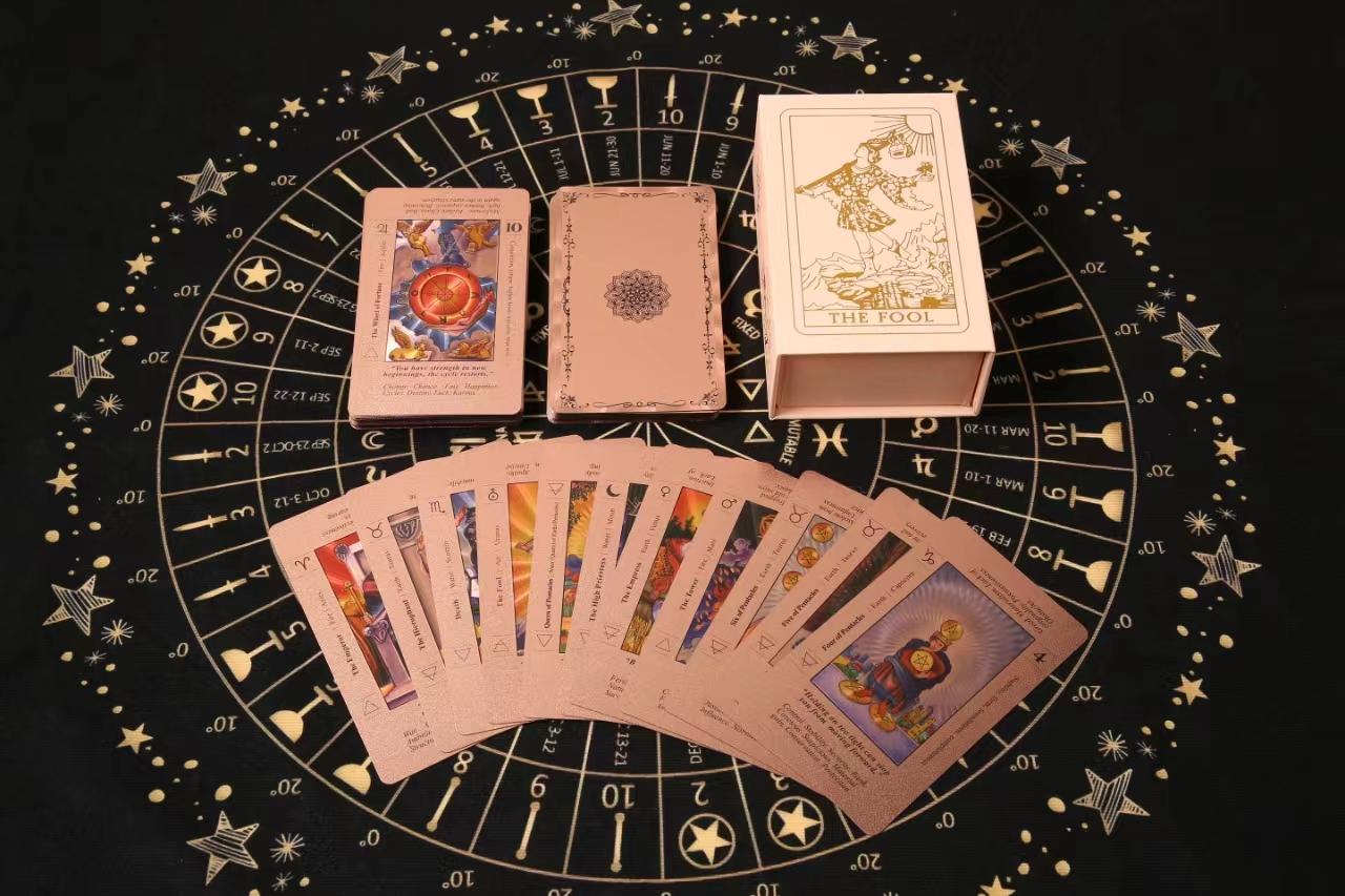 SDIK&SSIK Rose Gold Tarot Cards, Waterproof Wrinkle Resistant Foil Deck, with Guide Book, Suitable for Beginners, Including Chakras Planets Zodiac Signs Elements & Affirmations