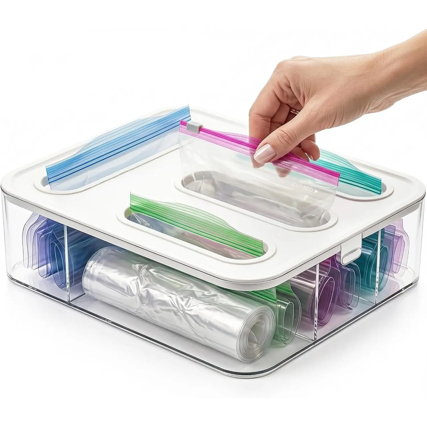 Bag Storage Organizer for Kitchen Drawer, Plastic Bag Container Holder, Baggie Dispenser for Gallon, Quart, Sandwich, Snack, Kitchen Organizers and Storage