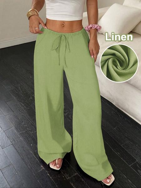 Women's Linen Wide Leg Pants, Casual Breathable Thin Weave Long Trousers, All Season Plain Pattern, Ladies Fashion Clothing