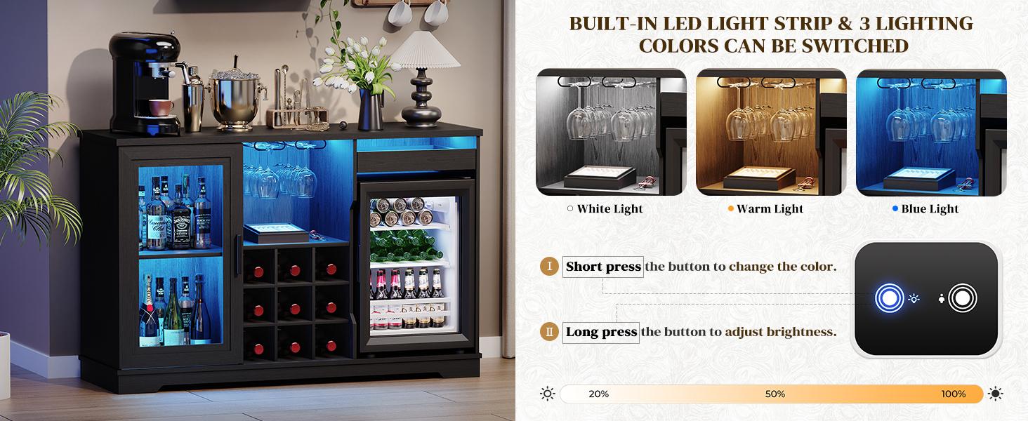 MIIFUNY Coffee Bar Cabinet with Fridge, Liquor Cabinet with LED Lights & Glass Holder, Mini Fridge Cabinet with Wine Storage, Human Body Sensor, Sideboard Buffet Table for Kitchen Dining Room, Black