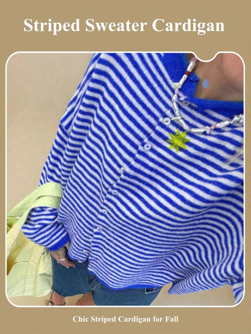 Women's Striped Cardigan, Casual Long Sleeve Knitwear for Fall & Winter, Women's Fashion Knit Clothing for Daily Wear