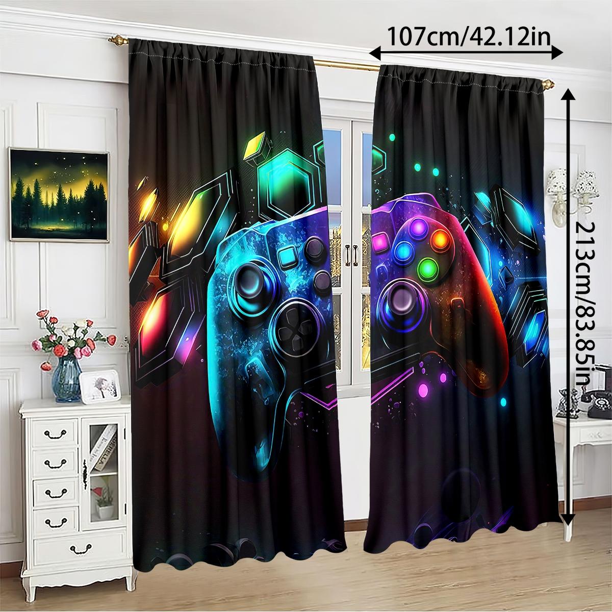 2 Piece Background Color Game Controller Print Curtains, Semi-Transparent Polyester Fiber, Rod Pocket Design