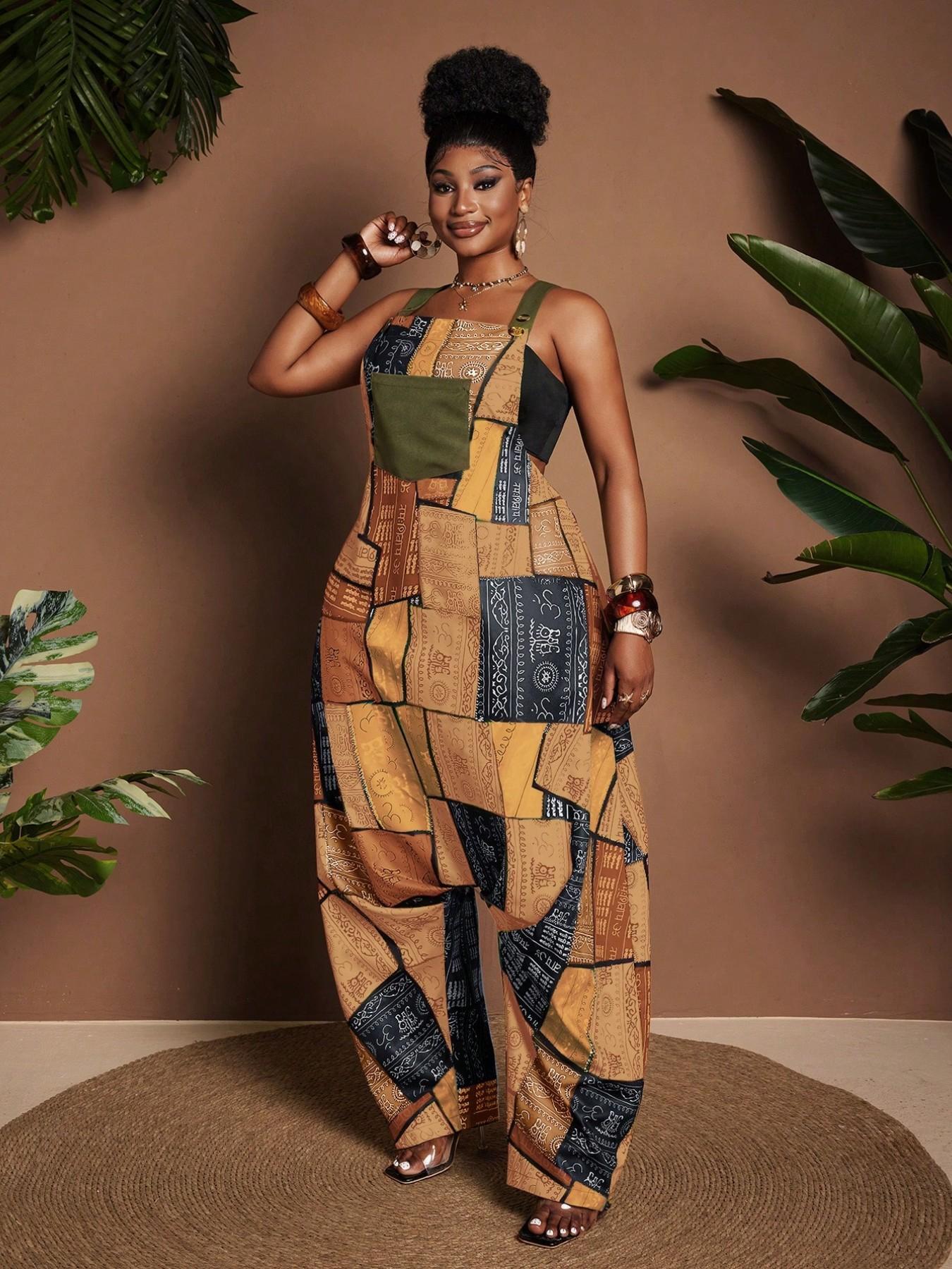 Women's Patchwork Print Jumpsuit, Boho Style Slim-Fitting Overall, Loose Wide Leg Casual Romper, All over Print Clothing, Bohemian