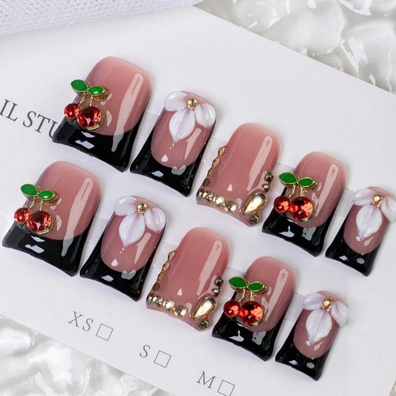 10pcs Y2K Black And Red Short Duckbill Press On Nails, Acrylic Press Nail, Three-Dimensional Flower Handmade Fake Nails, 3D White Flower Design, Shiny Cherry Decoration, Rhinestone Embellishment, Elegant And High-End Nail Art, Suitable For Daily