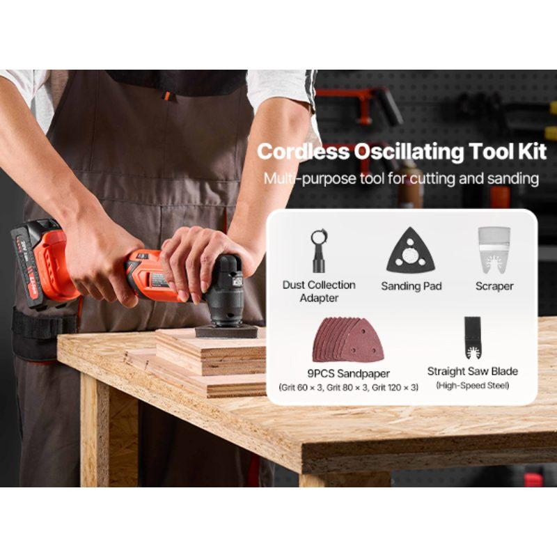 fathersdaygift VEVOR Cordless Oscillating Tool, 20V Oscillating Multi Tool Kit with 6 Variable Speeds 8500 - 17000 OPM, 3.2 Oscillation Angle, 2.0Ah Battery Pack Charger, 12PCS Saw Accessories LED Work Light