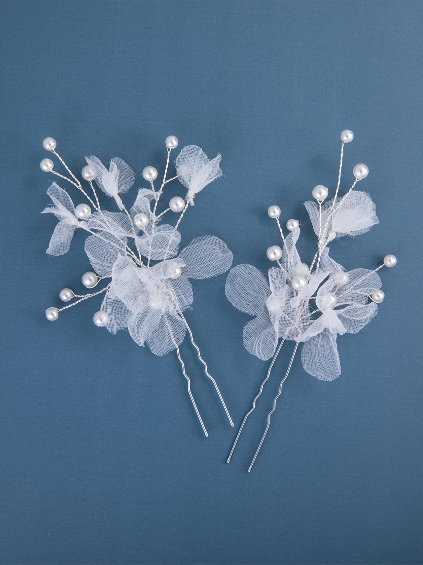 Elegant Net Flower Pearl Bridal Hair Pin Set, Boho Wedding Accessories, U-Shaped Hair Clip for Prom Evening Party Maid of Honor Look