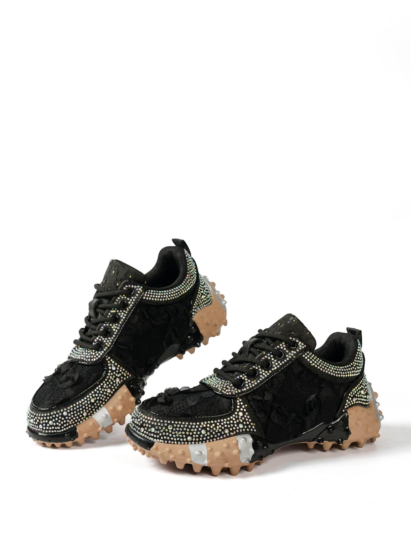 Sweet Cool Girl Style Rhinestone Lace Rose Bow Dad Shoes, Thick Rubber Sole Height Boost Slimming Anti-Slip Casual Streetwear Sports Shoes
