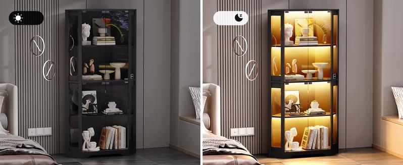 MIIFUNY Corner Display Cabinet with Glass Doors, 65" Lighted Curio Cabinet with 3 Color Lights for Collectibles, Toys, 4-Tier Showcase Display Case with Human Body Sensor for Living Room, Black
