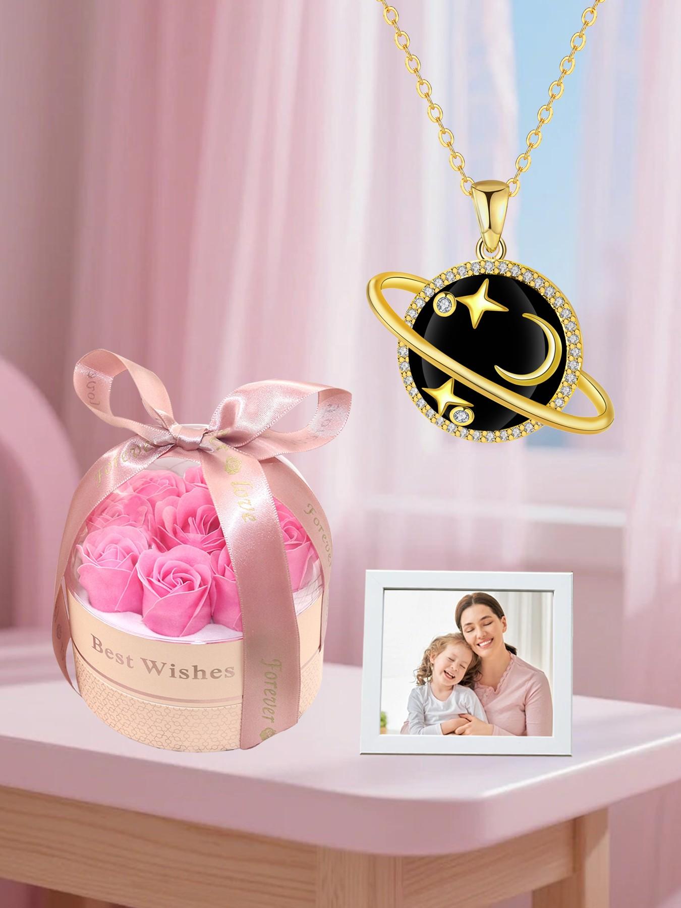 Diamond Saturn Pendant Necklace, 18k Gold Plated Low Allergy, Ideal Jewelry Gift for Mother's Day, Anniversary, Includes Gift Box