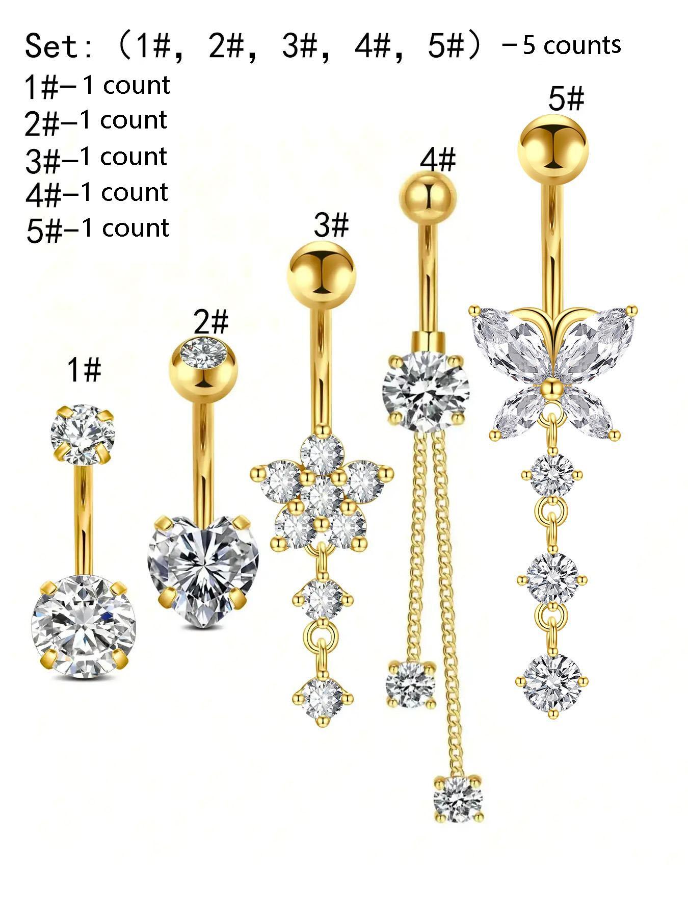 Casual Rhinestone Decor Butterfly & Flower & Heart Design Belly Button Ring, Navel Piercing Body Jewelry, Classic Fashion Accessories for Party, Club, Belly Hoops