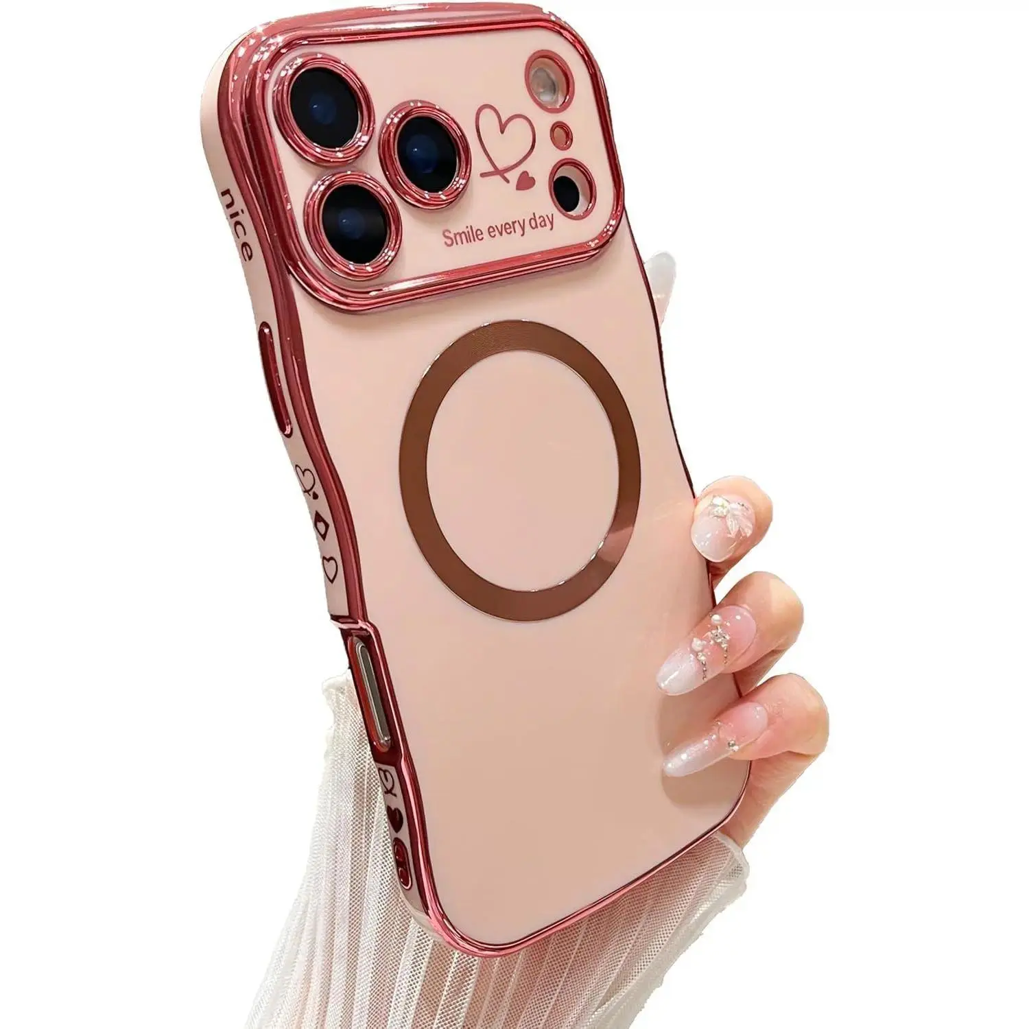 Magnetic Protective iPhone Case - Curly Wave Plating Frame, Cute Love Heart Cover, Full Camera Lens Protection, Soft TPU Shockproof Anti-Fall Casing For iPhone 17,16,15,14,13,12 Pro Max (Fashion Accessory), Smartphone