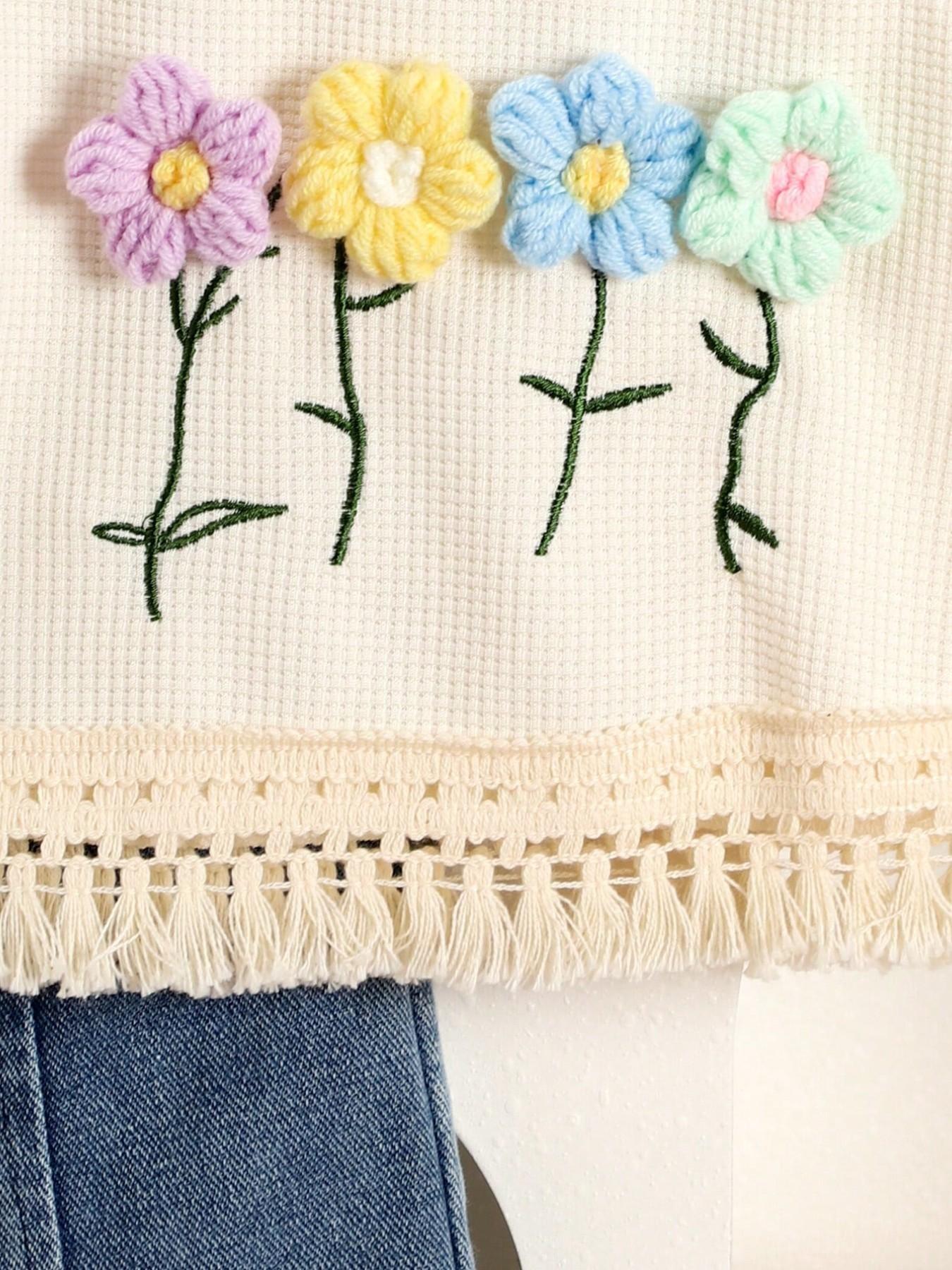 Boho Style Baby Girl 2-Piece Set, Floral Fringe Vest and Denim Shorts, Casual Summer, Trendy Kids Fashion