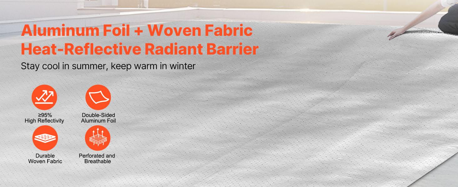 VEVOR Double Reflective Insulation Roll, Perforated Woven Fabric Radiant Barrier, 0.15mm 48 inx 125 ft, Double-Sided Aluminum Foil Heat Reflective Shield, Thermal Insulation Roll for Window RV Roof