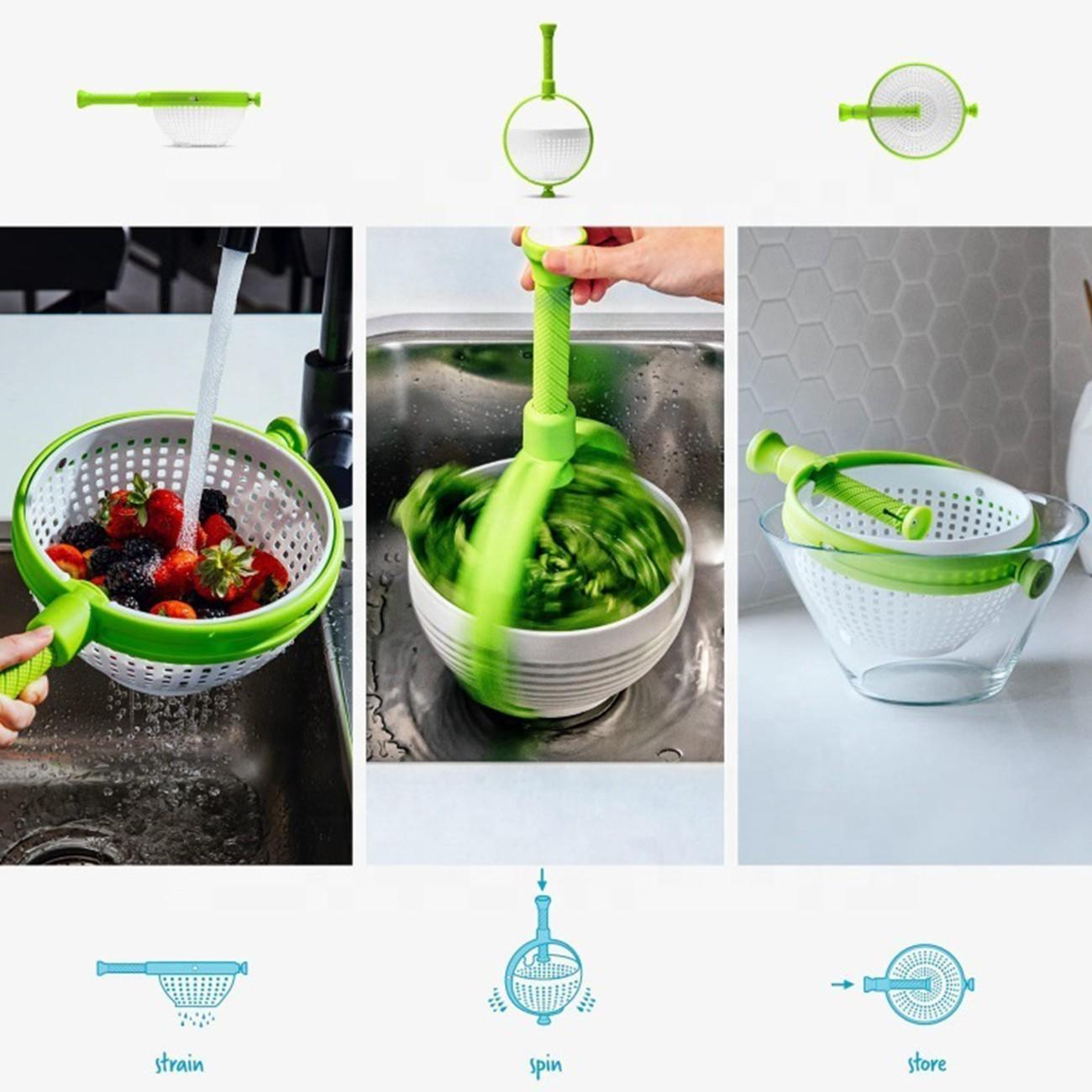 Salad spin dryer, kitchen vegetable cleaner centrifugal water-draining basket, rotating draining basket. Household vegetable and fruit salad spin cleaning, two-in-one easy-to-use and foldable salad spinner and filter strainer.